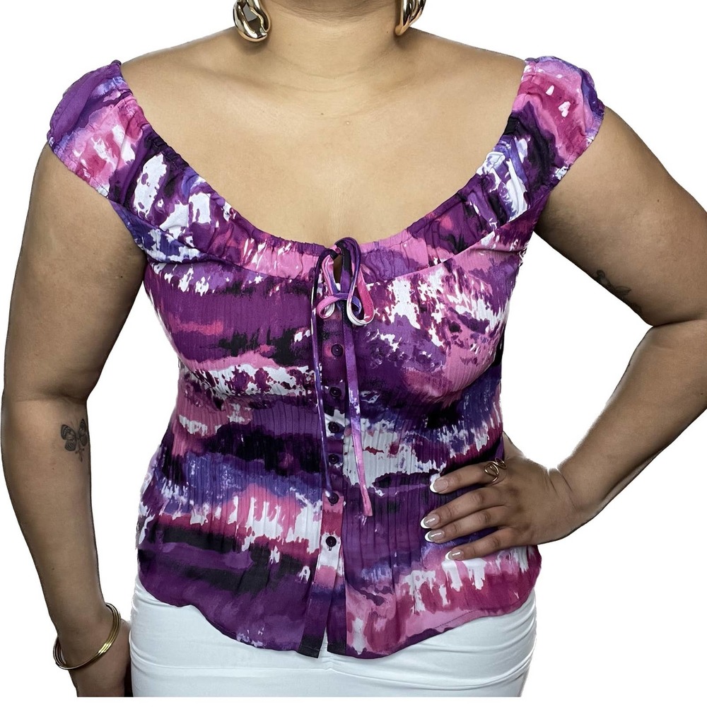 Purple Printed Vintage Pleated Buttoned-Down Blouse